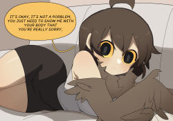 Rule 34 | 1girl, :&lt;, absurdres, ahoge, bare shoulders, black eyes, black hair, blush, brown feathers, brown hair, colored sclera, commentary, couch, english commentary, english text, feathers, gomulgong, harpy, highres, looking at viewer, medium hair, monster girl, neck fur, on couch, original, owl girl (gomulgong), solo, wide hips, winged arms, wings, yellow sclera