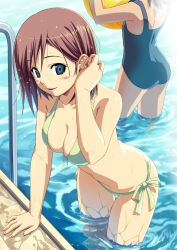 Rule 34 | 2girls, adjusting hair, ball, bent over, bikini, blue eyes, blush, breasts, brown hair, cleavage, duplicate, front-tie top, green bikini, koutaro, leaning forward, looking at viewer, medium breasts, multiple girls, one-piece swimsuit, original, partially submerged, pool, pool ladder, poolside, school swimsuit, short hair, side-tie bikini bottom, small breasts, smile, solo focus, swimsuit, thigh gap, water, wet