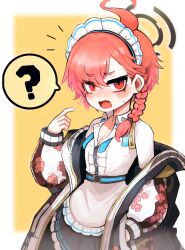 Rule 34 | 1girl, ?, ahoge, apron, asymmetrical bangs, belt, black skirt, blue archive, blush, braid, breasts, cleavage, earrings, fang, floral print, frilled apron, frills, halo, hand in pocket, highres, huge ahoge, hwaryeok, jacket, jewelry, maid headdress, mole, mole under eye, necktie, neru (blue archive), notice lines, off shoulder, open clothes, open jacket, open mouth, orange hair, pleated skirt, pointing, pointing at self, print jacket, red eyes, shirt, single braid, skirt, small breasts, solo, speech bubble, spoken question mark, standing, stud earrings, sukajan, sweatdrop, undone necktie, waist apron, wavy mouth, white shirt, yellow background