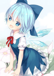 Rule 34 | 1girl, blue dress, blue eyes, blue hair, blush, bow, capriccio, cirno, dress, hair bow, hibanar, ice, ice wings, matching hair/eyes, open mouth, puffy sleeves, short hair, smile, solo, touhou, wings