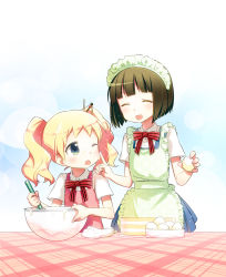Rule 34 | 10s, 2girls, :d, ;o, ^ ^, alice cartelet, apron, batter, blonde hair, blue eyes, blush, brown hair, cooking, closed eyes, food, hitotose rin, kin-iro mosaic, maid headdress, mixing bowl, multiple girls, one eye closed, open mouth, pastry bag, short hair, smile, twintails, whisk