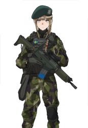 Rule 34 | 1girl, absurdres, ak 5, assault rifle, beige eyes, beret, blonde hair, braid, camouflage, camouflage jacket, camouflage pants, closed mouth, emblem, expressionless, fn fnc, fte (fifteen 199), gloves, green hat, gun, harness, hat, highres, holding, holding weapon, jacket, knee pads, long hair, looking at viewer, military, military uniform, original, pants, patch, rifle, simple background, solo, swedish flag, swedish uniform, trigger discipline, uniform, weapon, white background