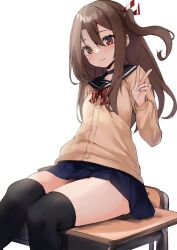 Rule 34 | 1girl, alternate hairstyle, black choker, black sailor collar, black thighhighs, blue skirt, blush, brown eyes, buttons, cardigan, choker, closed mouth, desk, feet out of frame, hair between eyes, highres, kantai collection, light brown hair, long hair, long sleeves, looking at viewer, one side up, pleated skirt, sailor collar, school desk, simple background, sitting, skirt, smile, solo, thighhighs, v, white background, yellow cardigan, zarashi, zuihou (kancolle)