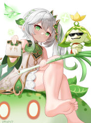 Rule 34 | 1girl, 3others, absurdres, aranara (genshin impact), barefoot, child, crossed legs, crystalfly (genshin impact), dress, feet, foot focus, foreshortening, genshin impact, gradient hair, green eyes, green hair, grey hair, hair ornament, highres, hoshitsuki higan, long hair, multicolored hair, multiple others, nahida (genshin impact), pointy ears, short dress, shorts, shorts under dress, side ponytail, sitting, sleeveless, sleeveless dress, slime (genshin impact), soles, spring onion, sunglasses, thighs, toes, two-tone hair, white dress, white shorts