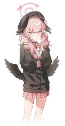 Rule 34 | 1girl, ahoge, banned artist, beret, black hat, black jacket, black wings, blue archive, blush, collared shirt, commentary, fading, feathered wings, halo, hat, highres, jacket, koharu (blue archive), long hair, looking at viewer, miniskirt, neckerchief, pink eyes, pink hair, pink neckerchief, pink skirt, sabet (young ouo), shirt, simple background, skirt, solo, symbol-only commentary, twintails, white background, white shirt, winged hat, wings