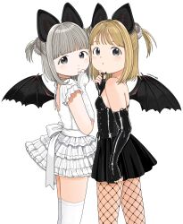 2girls :o absurdres animal_ears arm_at_side artist_name backless_dress backless_outfit bare_shoulders bat_ears bat_girl bat_wings black_dress black_gloves black_nails blonde_hair blunt_bangs blush bow breasts choker cowboy_shot dot_nose dress elbow_gloves expressionless fingerless_gloves fishnet_pantyhose fishnets frilled_dress frills from_side gloves grey_eyes grey_hair hand_on_own_chin hand_up heads_together highres latex layered_dress looking_at_viewer looking_to_the_side medium_hair multiple_girls nagomurasan original pantyhose short_dress short_sleeves simple_background sleeveless sleeveless_dress small_breasts standing strapless strapless_dress tareme two_side_up white_background white_bow white_choker white_dress white_gloves wings