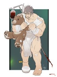 Rule 34 | 1boy, bandages, bandaid, bara, barefoot, blood, bulge, character request, copyright request, drooling, facial hair, full body, gomtang, grey hair, hospital gown, large pectorals, long sideburns, male focus, mature male, muscular, muscular male, original, pectoral cleavage, pectorals, scar, scar across eye, scar on face, scared, short hair, sideburns, solo, stubble, stuffed animal, stuffed toy, teddy bear, thick thighs, thighs
