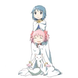 Rule 34 | 10s, 2girls, bad drawr id, bad id, blue eyes, blue hair, bow, cape, closed eyes, hair bow, hair ornament, hairclip, kaname madoka, kyubey, magical girl, mahou shoujo madoka magica, mahou shoujo madoka magica (anime), miki sayaka, multiple girls, nao-08, pink hair, short twintails, twintails, white background