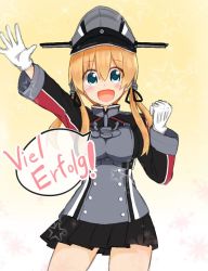Rule 34 | 10s, 1girl, :d, anchor hair ornament, atsushi (aaa-bbb), blue eyes, german text, gloves, gradient background, hair ornament, hat, kantai collection, looking at viewer, military, military uniform, open mouth, orange hair, peaked cap, pleated skirt, prinz eugen (kancolle), skirt, smile, solo, translated, twintails, uniform, white gloves