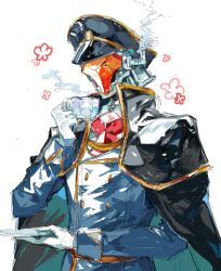 Rule 34 | black cape, black hat, blue jacket, cape, chikichi, clothed robot, cup, flower, gloves, hat, holding, holding cup, holding plate, humanoid robot, jacket, kurogane (chikichi), military hat, no humans, original, plate, robot, sketch, smoke, solo, teacup, upper body, white gloves