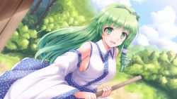 Rule 34 | 1girl, :d, bamboo broom, blue hairband, blue sky, broom, cloud, commentary request, day, detached sleeves, dutch angle, frog hair ornament, green eyes, hair ornament, hair tubes, hairband, kochiya sanae, long hair, looking at viewer, lzh, nontraditional miko, open mouth, outdoors, sky, smile, snake hair ornament, solo, touhou, tree, wide sleeves