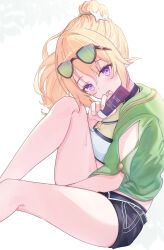 Rule 34 | 1girl, bare legs, bikini, bikini under clothes, blonde hair, blush, bottle, chloe (princess connect!), chloe (winter) (princess connect!), eyewear on head, fusaba mi, highres, holding, holding bottle, jacket, leg up, long hair, looking at viewer, looking to the side, lotion bottle, official alternate costume, open clothes, open jacket, open mouth, pointy ears, ponytail, princess connect!, purple eyes, revision, shorts, sitting, solo, sweat, swimsuit, wet, white background, white bikini