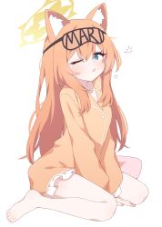 Rule 34 | 1girl, absurdres, animal ear fluff, animal ears, barefoot, blue archive, blue eyes, blush, breasts, buttons, cat ears, full body, hagoonha, hair between eyes, halo, highres, long hair, long sleeves, looking at viewer, mari (blue archive), one eye closed, open mouth, orange hair, orange pajamas, pajamas, simple background, small breasts, solo, toes, white background, yellow halo