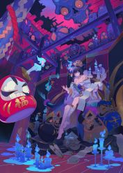 Rule 34 | 1girl, black hair, blunt bangs, candle, daruma doll, folding screen, ghost, hair ornament, highres, hime cut, holding, holding scroll, horns, japanese clothes, kimono, long hair, looking at viewer, mask, off shoulder, onmyoji, rope, scroll, shimenawa, sidelocks, traditional youkai, will-o&#039;-the-wisp (mythology), youamo
