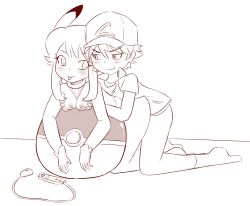 Rule 34 | 1boy, 1girl, all fours, animal ears, ash ketchum, bare shoulders, bent over, between breasts, blush, bottomless, breasts, controller, creatures (company), game controller, game freak, gen 1 pokemon, gloves, grabbing, grabbing another&#039;s breast, greyscale, half-closed eyes, hat, hearlesssoul, hetero, highres, indoors, jacket, kneeling, legs apart, looking to the side, medium breasts, monochrome, nintendo, nipples, personification, pikachu, pokemon, pokemon (anime), pokemon (creature), pokemon rgby, shirt, short hair, short sleeves, simple background, sketch, smile, socks, teeth, tongue, tongue out, white background, wii remote