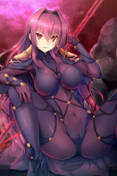 Rule 34 | 1girl, ankle boots, arm up, armor, bodysuit, boots, breasts, cape, commentary request, covered collarbone, covered navel, fate/grand order, fate (series), fingernails, gae bolg (fate), glowing, glowing weapon, hair between eyes, hair intakes, hand on own knee, highres, holding, holding polearm, holding spear, holding weapon, impossible bodysuit, impossible clothes, large breasts, long hair, looking at viewer, outdoors, parted lips, pink sky, polearm, purple bodysuit, purple cape, purple footwear, purple hair, red eyes, rock, samoore, scathach (fate), shiny clothes, shoulder armor, sitting, skin tight, sky, smile, solo, spear, spread legs, tsurime, turtleneck, weapon