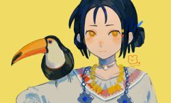 Rule 34 | 1girl, animal, animal on shoulder, bead necklace, beads, bird, bird on shoulder, black hair, bright pupils, chain, chain necklace, choker, collarbone, doodle inset, double bun, expressionless, forehead, freckles, hair bun, jewelry, long sleeves, looking to the side, necklace, orange eyes, original, parted hair, pofu31, portrait, red trim, shirt, short hair, simple background, solo, straight-on, toucan, very low bun, white shirt, yellow background