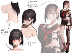 Rule 34 | 1girl, arm at side, asymmetrical sleeves, banitya, belt, black belt, black footwear, black hair, black sailor collar, black serafuku, black shirt, black thighhighs, blush, bob cut, boots, breasts, closed mouth, collarbone, cropped torso, detached sleeves, from side, full body, hand up, highres, long sleeves, looking at viewer, multiple views, nape, neckerchief, original, parted lips, pleated skirt, red eyes, red neckerchief, sailor collar, school uniform, serafuku, shirt, short hair, simple background, single thighhigh, skirt, sleeve cuffs, small breasts, standing, stitches, thighhighs, torn clothes, torn shirt, torn skirt, translation request, uneven sleeves, white background, zoom layer