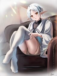 Rule 34 | 1girl, :o, absurdres, ahoge, blush, couch, elf, feet, full body, grey shorts, highres, jacket, long sleeves, looking at viewer, mushoku tensei, on couch, orange eyes, pointy ears, ranoa magic academy school uniform, school uniform, short hair, shorts, signature, sitting, solo, sylphiette (mushoku tensei), thighhighs, thighhighs pull, thighs, white hair, white jacket, white thighhighs, wide sleeves, yujin (kanouyuuto-0423), zettai ryouiki