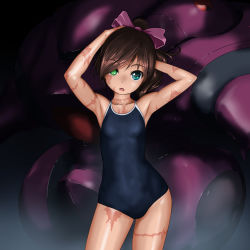 Rule 34 | 1girl, adjusting hair, armpits, arms behind head, blue eyes, blue one-piece swimsuit, blurry, blurry background, bow, brown hair, collarbone, commentary request, competition school swimsuit, contrapposto, cowboy shot, dot nose, facial scar, flat chest, green eyes, hair bow, hair ornament, hair over one eye, heterochromia, highres, long hair, looking at viewer, mecha, one-piece swimsuit, open mouth, original, pink bow, robot, rohitsuka, scar, scar on arm, scar on cheek, scar on chest, scar on face, scar on leg, scar on neck, school swimsuit, solo, standing, swimsuit