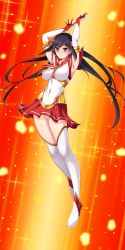 Rule 34 | 1girl, armpits, arms up, black hair, blush, boots, breasts, cameltoe, elbow gloves, full body, game cg, gloves, highres, large breasts, legs, long hair, looking at viewer, nana g, panties, red eyes, sailor element, simple background, skirt, smile, standing, thigh boots, thighhighs, thighs, underwear