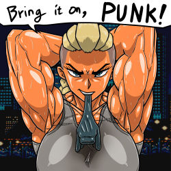 Rule 34 | 1girl, allesey, armpits, arms behind head, arms up, blonde hair, blue eyes, braid, braided ponytail, breasts, commentary, estel aguirre, glove in mouth, gloves, highres, large breasts, mouth hold, muscular, muscular female, sega, shiny skin, streets of rage, streets of rage 4, sweat, tank top