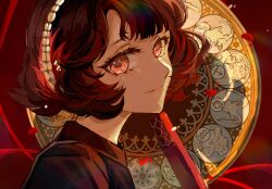 Rule 34 | 1girl, black coat, black hair, capricorn (symbol), closed mouth, coat, curly hair, feather hair ornament, feathers, from side, guisheng sanri, gun to head, hair ornament, hairband, highres, looking at viewer, looking to the side, pisces (symbol), portrait, red background, red eyes, red feathers, reverse:1999, sagittarius (symbol), schneider (reverse:1999), scorpio (symbol), short hair, smile, solo, white hairband, zodiac wheel