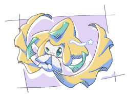 Rule 34 | ;), bright pupils, closed mouth, commentary request, creatures (company), full body, game freak, gen 3 pokemon, green eyes, hands up, jirachi, legendary pokemon, mythical pokemon, nintendo, no humans, one eye closed, pokemon, pokemon (creature), smile, solo, star (symbol), towa (clonea), white pupils