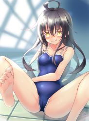 Rule 34 | 1girl, :d, absurdres, ahoge, barefoot, black hair, blue one-piece swimsuit, breasts, cameltoe, cleavage, cleft of venus, collarbone, competition school swimsuit, competition swimsuit, covered navel, highres, indoors, kanimiso (juutilainen77), kantai collection, light particles, long hair, looking at viewer, mikazuki (kancolle), one-piece swimsuit, open mouth, pool, poolside, rei no pool, school swimsuit, signature, small breasts, smile, solo, swimsuit, tile floor, tiles, water, window, yellow eyes