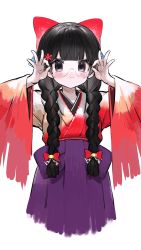 Rule 34 | 1girl, absurdres, adjusting eyewear, arms up, black eyes, black hair, blunt bangs, blush, bow, braid, flower, glasses, gradient kimono, hair bow, hair flower, hair ornament, highres, japanese clothes, kimono, liba (leo8d), long hair, long sleeves, looking at viewer, nijisanji, purple skirt, red bow, semi-rimless eyewear, skirt, solo, tsukino mito, tsukino mito (4th costume), twin braids, virtual youtuber, white background, wide sleeves