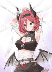 Rule 34 | 1girl, arms up, artist name, assault lily, bandaged arm, bandages, bat wings, black horns, black shirt, black skirt, borrowed clothes, bound, bound wrists, bow, breasts, cleavage, cleavage cutout, closed mouth, clothing cutout, commentary request, crop top, demon costume, demon horns, drill hair, fake horns, fake wings, frilled skirt, frills, garter belt, gradient background, green eyes, groin, hair between eyes, halloween costume, halterneck, hatsukano you, heart cutout, horn bow, horn ornament, horns, inoguchi minto, large breasts, looking at viewer, low wings, medium hair, midriff, miniskirt, official alternate costume, pleated skirt, purple background, red hair, shirt, skirt, sleeveless, sleeveless shirt, solo, stomach, sweat, tiara, tied up (nonsexual), upper body, white background, white bow, wings, wrist bow