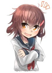 Rule 34 | 1girl, ^^^, anchor symbol, bad id, bad twitter id, black legwear, black sailor collar, brown hair, commentary request, crossed arms, fang, hair ornament, hairclip, highres, ikazuchi (kancolle), kantai collection, looking at viewer, neckerchief, one-hour drawing challenge, open mouth, red neckerchief, sailor collar, school uniform, serafuku, short hair, simple background, smile, solo, white background, zombie mogura