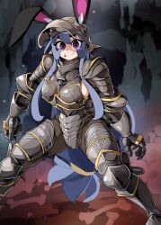 Rule 34 | 1girl, absurdres, animal ears, armor, blood, blood on face, blue hair, bongfill, breasts, cave, commentary, ears through headwear, english commentary, full armor, full body, gauntlets, helmet, highres, knight, large breasts, long hair, looking at viewer, low-tied long hair, original, purple eyes, rabbit ears, rabbit girl, sideboob, sidelocks, solo, standing, tank (bongfill), very long hair, visor lift