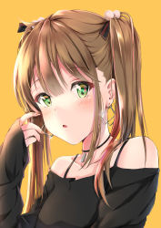 Rule 34 | 1girl, absurdres, bad id, bad pixiv id, black shirt, blush, brown hair, brown nails, clothing cutout, collarbone, cuna (qunya), earrings, green eyes, hair ornament, highres, jewelry, long hair, looking at viewer, nail polish, necklace, open mouth, original, shirt, shoulder cutout, simple background, solo, sparkle, twintails, upper body, yellow background