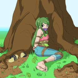 Rule 34 | 00s, arms behind back, bdsm, bondage, bound, bound ankles, bound legs, box tie, cleave gag, cloth gag, feet, gag, gagged, grass, green hair, improvised gag, inukami!, leaf, long hair, outdoors, over the mouth gag, sandals, soles, tree, wrap, youko (inukami)