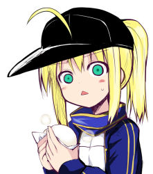 Rule 34 | 1girl, ahoge, artoria pendragon (fate), baozi, baseball cap, blonde hair, fate/grand order, fate (series), food, green eyes, gym uniform, hat, jacket, mysterious heroine x (fate), ponytail, rojiura satsuki : chapter heroine sanctuary, saber (fate), scarf, sen (astronomy), simple background, solo, track jacket, triangle mouth, upper body, white background