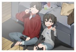 Rule 34 | 1boy, 1girl, aged down, black hair, brother and sister, controller, couch, denim, denim shorts, game controller, grin, highres, idolmaster, idolmaster cinderella girls, indian style, looking at viewer, mole, mole under eye, mole under mouth, on floor, photo (object), sharp teeth, shorts, siblings, sitting, smile, sunazuka akira, teeth, twintails, v, yami ga fukami