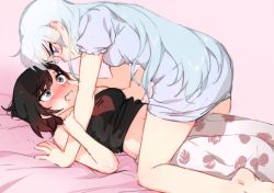 Rule 34 | 2girls, assertive female, black hair, blue eyes, blush, breasts, girl on top, grey eyes, hand on another&#039;s face, long hair, looking at another, lying, medium breasts, multiple girls, navel, ndgd, on back, open mouth, pajamas, pants, ruby rose, rwby, seductive smile, short hair, smile, tank top, weiss schnee, white hair, yuri