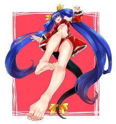 Rule 34 | 1girl, alternate color, asymmetrical wings, bare shoulders, barefoot, bikini, black collar, blue hair, breasts, collar, dizzy (guilty gear), eiji (eiji), feet, foot focus, foreshortening, from below, gluteal fold, guilty gear, large breasts, long hair, long sleeves, looking at viewer, nail polish, navel, open mouth, red background, red eyes, red nails, ribbon, smile, soles, solo, swimsuit, tail, toenail polish, toenails, toes, underboob, wings, yellow ribbon