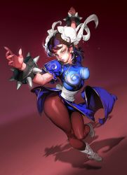 Rule 34 | 1girl, bad id, bad twitter id, blue dress, boots, bracelet, breasts, brown eyes, brown hair, brown pantyhose, bun cover, capcom, china dress, chinese clothes, chun-li, covered erect nipples, cross-laced footwear, dean holdeen, double bun, dress, fingernails, hair bun, jewelry, knee boots, lace-up boots, large breasts, looking at viewer, nail polish, outstretched arms, pantyhose, pelvic curtain, pink nails, puffy short sleeves, puffy sleeves, sash, sharp fingernails, short hair, short sleeves, side slit, solo, spiked bracelet, spikes, street fighter, white footwear