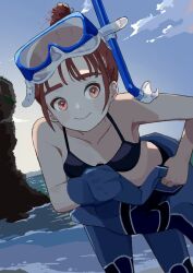 Rule 34 | 1girl, beach, bikini, bikini top only, black bikini, blue wetsuit, blush stickers, bodysuit, cloud, cloudy sky, collarbone, diving mask, diving mask on head, diving suit, goggles, goggles on head, hair bun, highres, leaning forward, looking afar, mashiro ka, mask, mask on head, original, outdoors, partially undressed, red eyes, red hair, rock, sidelocks, sky, snorkel, solo, swimsuit, water, wetsuit
