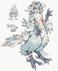 Rule 34 | !, !!, 1girl, animal ears, animal feet, animal hands, animalization, anklet, artist name, bird tail, bird wings, blue eyes, blue feathers, blue hair, blue wings, claws, fang, feather hair, feathered wings, feathers, full body, hand up, harpy, highres, jellychuz, jewelry, long hair, looking at viewer, monster girl, multicolored hair, multiple views, neck fur, open mouth, original, simple background, solo, standing, streaked hair, tail, talons, white background, winged arms, wings