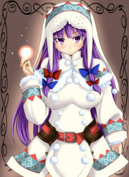 Rule 34 | 1girl, alternate costume, belt, blush, bow, breasts, capcom, capelet, coat, cosplay, female focus, hair bow, highres, hood, lagombi (armor), large breasts, long hair, magic, monster hunter, monster hunter (series), monster hunter portable 3rd, patchouli knowledge, purple eyes, purple hair, sidelocks, simple background, solo, suteru (stiel), touhou, upper body, very long hair, winter clothes