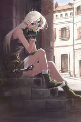 Rule 34 | 1girl, ankle boots, blonde hair, blue eyes, boots, capcom, dungeons &amp; dragons: shadow over mystara, dungeons &amp; dragons, elf, long hair, long legs, lucia (d&amp;d), nyaou, pointy ears, sitting, sitting on stairs, solo, stairs, sword, weapon, white hair