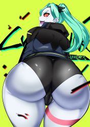 Rule 34 | 1girl, absurdres, artist request, ass, cameltoe, cleft of venus, come hither, cyberpunk (series), cyberpunk edgerunners, from behind, from below, green hair, highres, huge ass, jacket, long hair, looking at viewer, looking back, looking down, open mouth, petite, rebecca (cyberpunk), red eyes, shiny clothes, shiny skin, short shorts, shorts, smile, solo, thick thighs, thighs, thong, twintails, wide hips