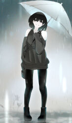 Rule 34 | 1girl, bare shoulders, black eyes, black footwear, black hair, black leggings, black shirt, boots, casual, closed mouth, clothing cutout, commentary, empty eyes, foliage, full body, grey background, hair over eyes, head tilt, highres, holding, holding umbrella, leggings, long shirt, looking at viewer, monogatari (series), narrowed eyes, night, nu shika, oshino ougi, outdoors, oversized clothes, pantyhose, pigeon-toed, rain, shirt, short hair, shoulder cutout, sleeves past fingers, sleeves past wrists, smile, solo, standing, sweater, umbrella, very long sleeves, white umbrella