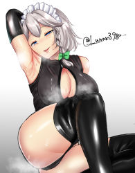 Rule 34 | 1girl, armpits, black dress, black gloves, black thighhighs, blue eyes, breast cutout, dress, elbow gloves, front zipper swimsuit, gloves, hair ribbon, highres, izayoi sakuya, latex, latex gloves, lunatic (lunar398), maid headdress, meme attire, one-piece swimsuit, open clothes, ribbon, shiny clothes, solo, steaming body, sweat, swimsuit, thighhighs, touhou, white hair, zipper