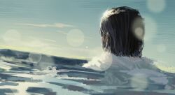 Rule 34 | 1other, black hair, blue sky, commentary request, faux traditional media, from behind, gyeonnggye, highres, impressionism, korean commentary, lens flare, medium hair, original, partially submerged, sky, solo, upper body, water