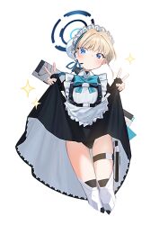 Rule 34 | 1girl, absurdres, apron, black dress, black gloves, black leotard, blonde hair, blue archive, blue eyes, blush, bow, bowtie, bun cover, clothes lift, cropped legs, double v, dress, dress lift, fingerless gloves, gloves, halo, headset, highres, leotard, lifting own clothes, looking at viewer, maid, maid headdress, nnmbpx, simple background, skirt hold, solo, sparkle, toki (blue archive), v, white apron, white background