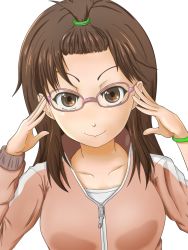 Rule 34 | 10s, 1girl, bad id, bad pixiv id, bespectacled, brown eyes, brown hair, glasses, highres, jacket, kyouno madoka, ocza, rinne no lagrange, smile, solo, topknot, track jacket, transparent background, woodzzz, zipper